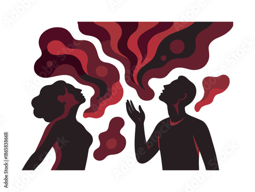 Colorful Emotional Silhouettes. Abstract emotions. Fluid shapes drifting upward; silhouettes blending into expressive color clouds. Gentle pulses showing inner