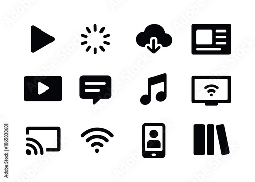 Streaming Media Icons. Streaming media. Solid icon set of streaming media: play icon, buffering wheel, cloud stream, playlist, video tile, subtitles icon,