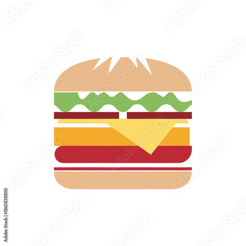 A flat design illustration of a classic hamburger with bun, lettuce, cheese, and patty layers on a white background.