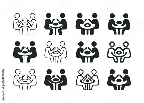 Food Celebration Icons. Celebration of food. Icon set. Set Logo of Celebration of food: shared meal. harmonious logo variations of the same emblematic concept,