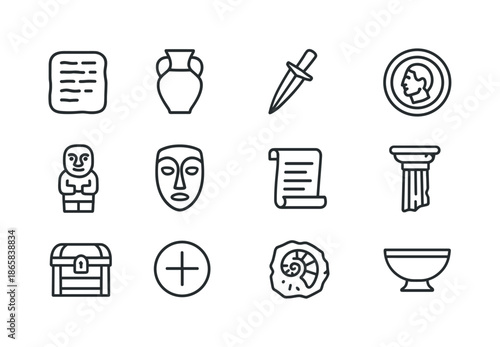 Ancient Relics Icons. Ancient relics. Line icon set of Ancient relics: stone tablet, clay pot, bronze dagger, old coin, carved idol, ritual mask, ancient