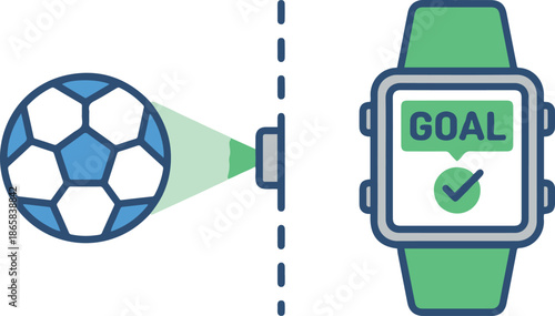Goal-line technology concept showing a soccer ball crossing the line and a referee smartwatch notification, vector illustration isolated on white.