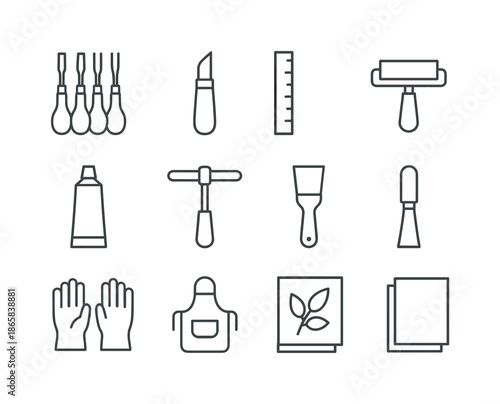 Printmaking Tools Icons. Printmaker tools. Line icon set of printmaker tools: gouge set, carving knife, metal ruler, brayer, ink tube, press handle, brush,