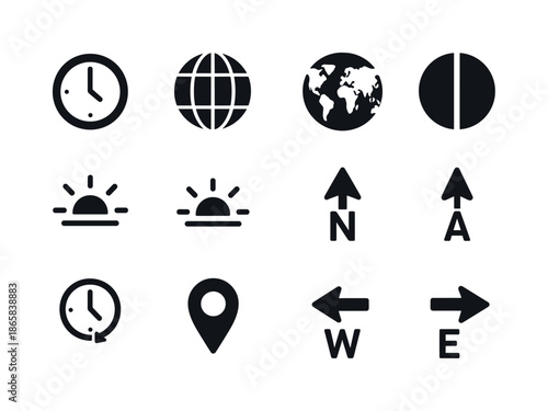World Time Icons. Time zones. Solid icon set of Time zones: clock, globe, world map, zone divider lines, sunrise icon, sunset icon, north arrow, south arrow,