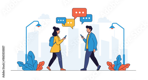 Man and woman walking in an urban city environment while looking at their smartphones, with speech bubbles floating between them.