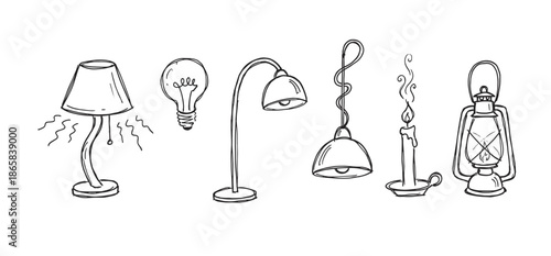 Hand-drawn collection of various lighting fixtures including a table lamp, lightbulb, candle, and lantern in a simple black and white doodle style illustration