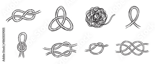 Collection of various hand-drawn knots and tangles in a black and white sketch style, illustrating concepts of connection, complexity, problems, and solutions in a minimalist design