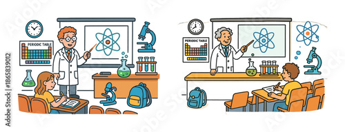 Male teacher explaining atomic structure to diverse students in science classroom