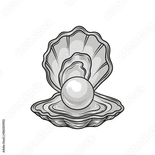 A detailed illustration of an open oyster shell revealing a luminous white pearl nestled within its textured interior.