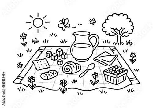 Charming Picnic Doodle. Picnic in the grass. Hand-drawn doodle illustration Picnic in the grass picnic cloth corners, cheese cubes, crackers, water jug, pastry