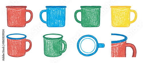 Colorful set of hand-drawn enamel mugs in red, blue, green, and yellow shown from various angles in a rustic, textured illustration style for camping or kitchen concepts