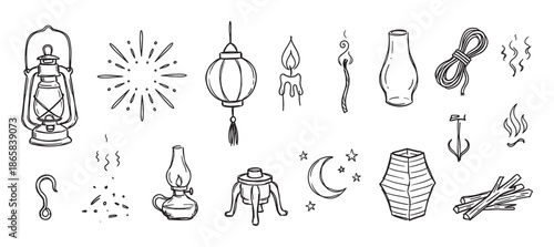 Hand-drawn doodle illustration set of camping and adventure icons showing lanterns, candles, fire, moon, stars, and rope in a simple black and white line art sketch style