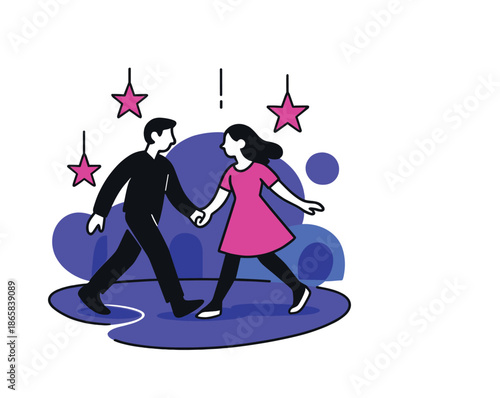 Starry Night Walk. Evening stroll. Silhouettes walk together under floating star-shaped lights; their paths outlined in glowing arcs of calm. Modern flat-line