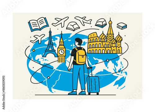 Global Study Journey. Study abroad experiences. A student stands with a suitcase under floating landmarks; icons of books and planes orbit above. Light trails