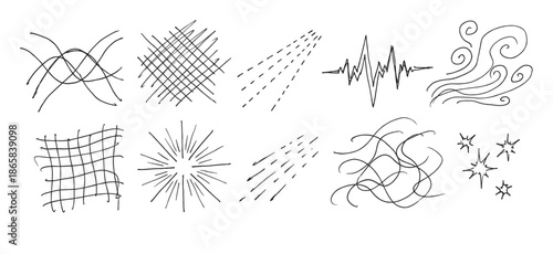 Collection of hand-drawn black ink doodles and abstract design elements featuring various textures, shapes, and symbols like swirls, stars, grids, and soundwaves for creative concepts