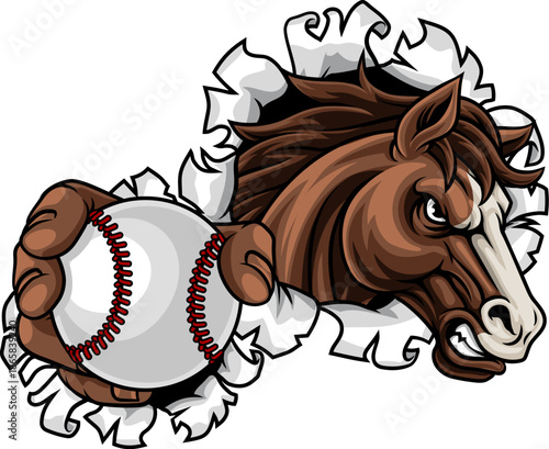 Horse mustang bronco stallion baseball softball angry sports team mascot holding a ball.