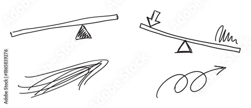 Hand drawn black and white sketch elements featuring seesaws demonstrating balance and imbalance, along with abstract arrows and lines representing process, direction, and flow