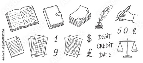Hand drawn accounting and finance icon set with a ledger book, quill pen, inkwell, balance scales, and currency symbols in a black and white sketch doodle style