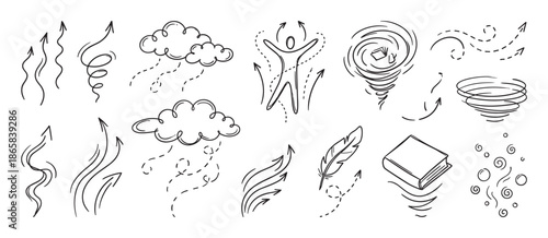 Set of hand-drawn doodle illustrations showing air flow, wind, and weather concepts like arrows, clouds, a tornado, and a feather in a simple black line art sketch style