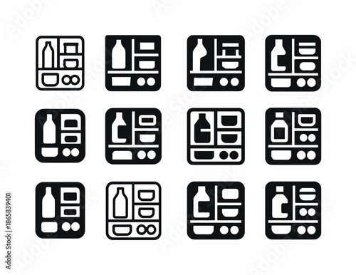 Fridge Logo Icon Set. Organizing fridge shelves. Icon set. Set Logo of organizing fridge shelves: fridge top-down layout. harmonious logo variations of the
