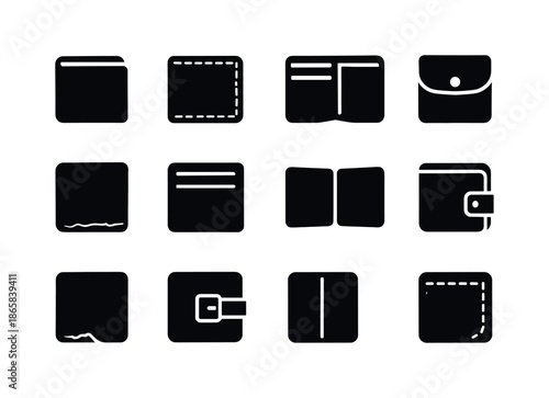 Vintage Leather Wallet Icons. Old leather wallet. Solid icon set of old leather wallet: folded wallet, worn stitches, open wallet, coin pouch, cracked leather