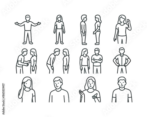 Body Language Icons. Body Language Attraction. Line icon set of Body Language Attraction: open arms, relaxed stance, facing body orientation, playful hand