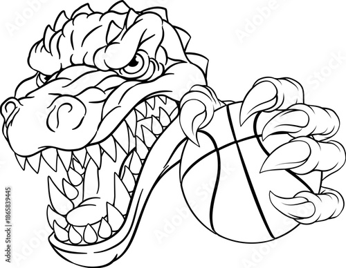 A crocodile, dinosaur or alligator lizard sports mascot holding a basketball ball