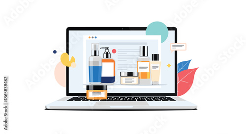 Laptop screen displaying various cosmetic and skincare products like bottles and jars, representing an online beauty store or shop.