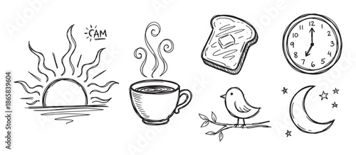 Set of hand-drawn black and white doodles depicting a daily routine with a rising sun, coffee, toast, a clock, bird, and moon with stars in a simple sketch style