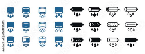 Water filtration icons set: different filter designs in blue and black