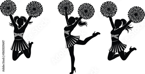 Cheerleader silhouettes, pom-pom action, dynamic poses, sports celebration, team spirit, black vector, energetic clipart, athletic movement