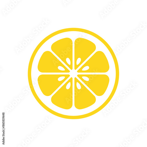 A bright yellow lemon slice with eight segments and visible seeds, set against a white background.