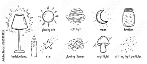 Collection of hand-drawn light source doodles including a lamp, candle, moon, star, and fireflies, presented as a simple black and white line art illustration set with labels
