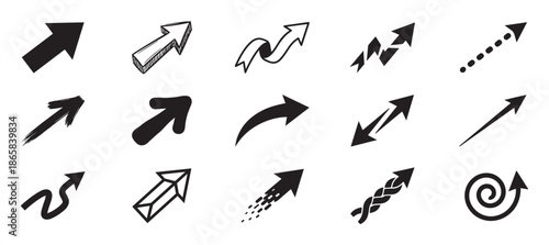 Collection of black hand-drawn arrows in various doodle and sketch styles, featuring a diverse set of icons like spiral, wavy, dotted, and brush stroke pointers indicating direction