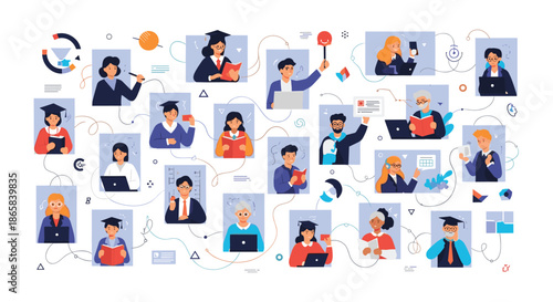 Complex map of diverse characters from various backgrounds participating in online learning and distance education via video windows.