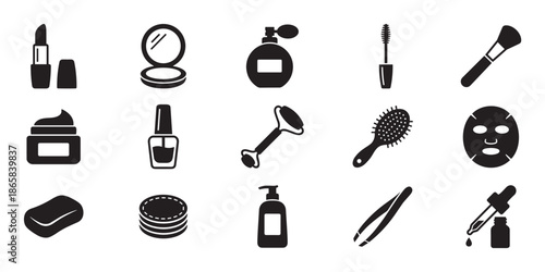 Collection of black beauty and cosmetic icons showing various skincare and makeup products like lipstick, mascara, cream, perfume, and a face mask in a simple glyph style