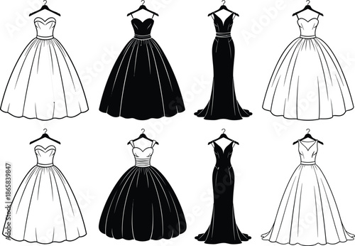 Formal dress collection, black and white gowns, fashion illustration, evening wear styles, silhouette vector, hanger display, elegant outfits