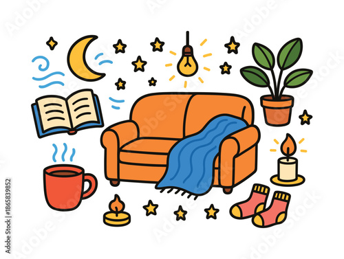 Cozy Evening Vibes. Evening relaxation. Colorful Hand-drawn doodle Children illustration Evening relaxation book, tea cup, candle flame, sofa, soft blanket,