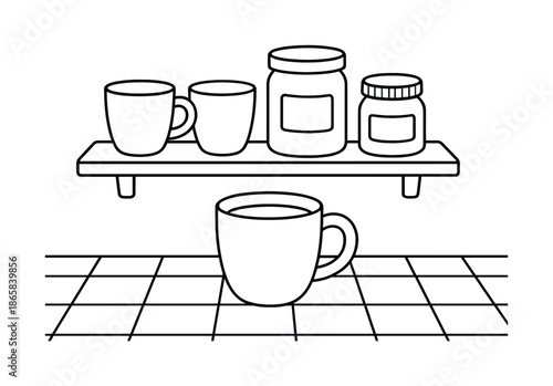 Kitchen Shelf Illustration. Kitchen shelf above counter children?s coloring book illustration, outlined drawing, cups and jars on a shelf over a coffee mug