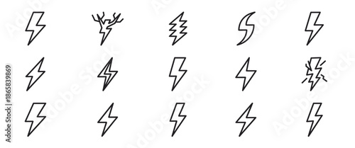 Set of black line art lightning bolt icons showing various shapes and styles for energy and power concepts, including simple zigzags, branched strikes, and curved flashes