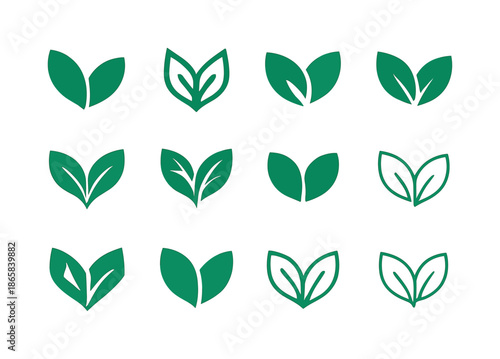 Leaf Logo Variations. Leaf. Icon set. Set Logo of Leaf: double leaf pair. harmonious logo variations of the same emblematic concept, each with different