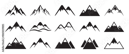 Collection of black mountain vector icons in various minimalist styles, featuring abstract peaks, geometric ranges, and simple silhouettes for nature or adventure logos