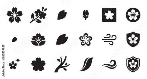 Collection of black cherry blossom icons featuring various floral elements like sakura flowers, petals, branches, and buds in a minimalist graphic silhouette style for design