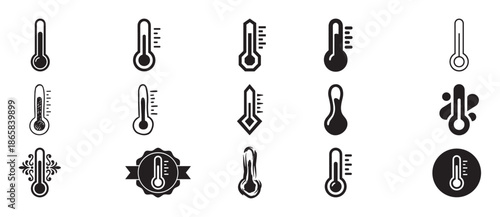Set of black thermometer icons in various styles, including minimalist, doodle, and ornate designs, representing weather and medical temperature measurement in a vector graphic collection