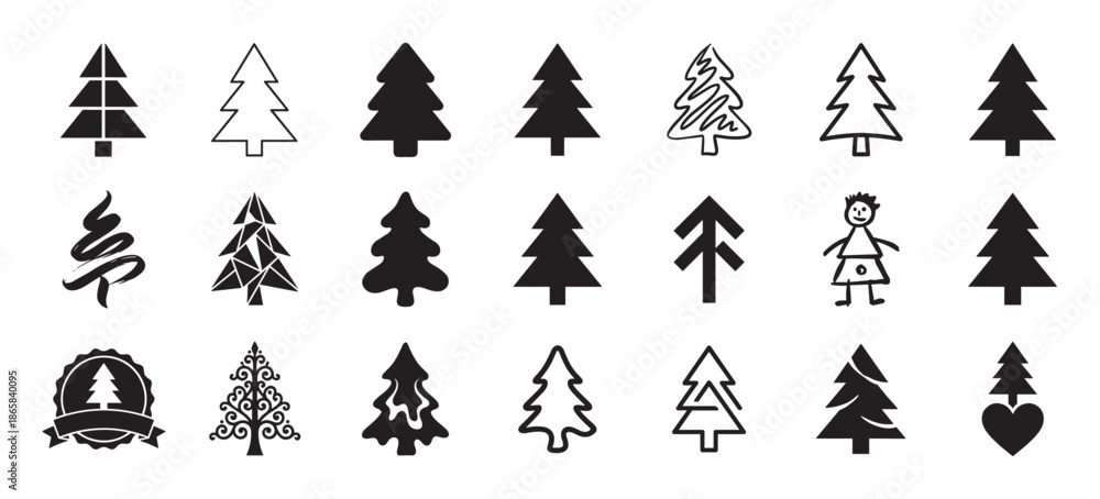 Fototapeta premium Diverse collection of black Christmas tree icons in various graphic styles including silhouette, outline, geometric, abstract, and hand-drawn for seasonal holiday design