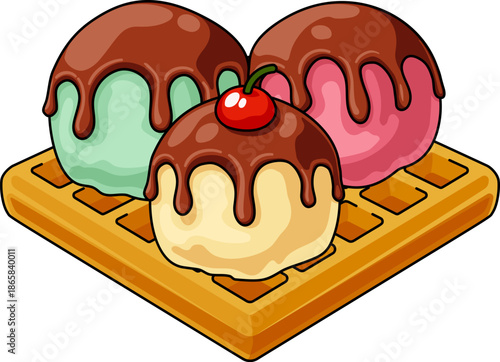 Illustration of ice cream scoops on waffle with chocolate sauce and cherry. Sweet dessert food image for cafe menus, dessert blogs, restaurant branding, packaging, posters and food design.