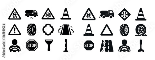 Traffic and road safety icons with warning signs and cones