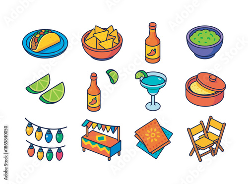 Taco Night Icons. Taco night. Colorful isometric vector icons set of Taco night: taco plate, nachos bowl, salsa dish, guacamole bowl, lime wedges, hot sauce