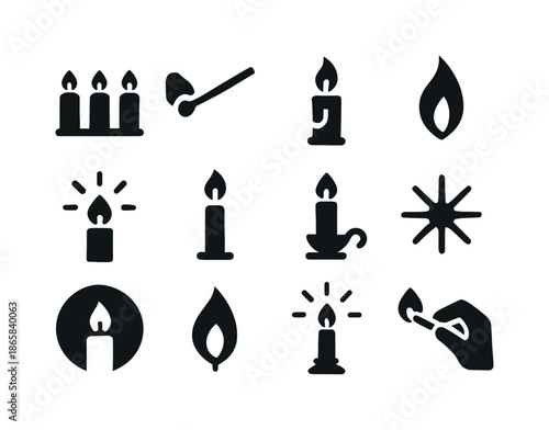 Holiday Candle Icons. Holiday Candle Lighting. Solid icon set of Holiday Candle Lighting: candle row, strike match, candle with drip, lifted flame, glowing