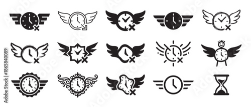 Collection of black time-related icons featuring clocks with wings, an hourglass, and symbols representing deadlines and the passage of time in various graphic styles